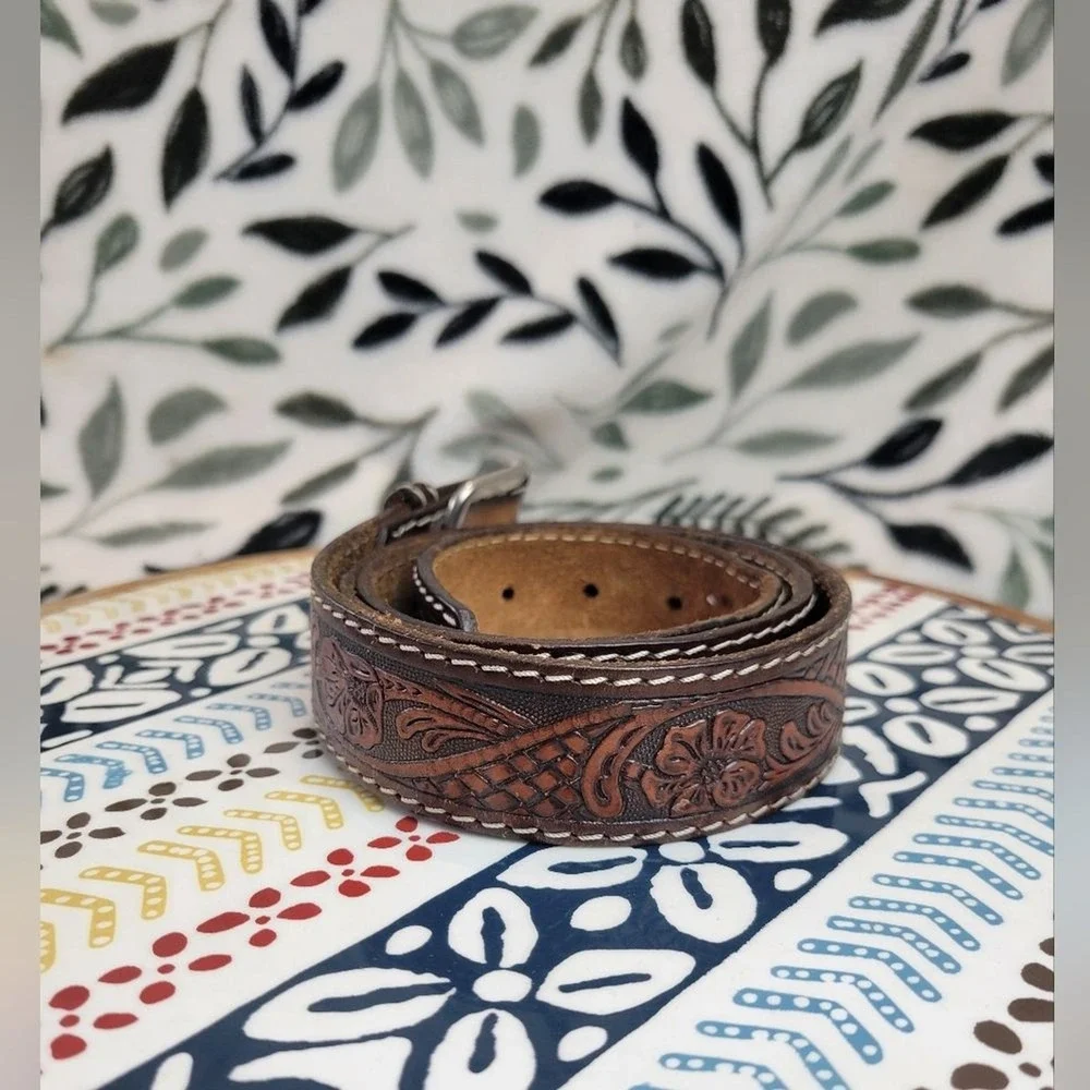 Belt Co Brown Tooled Leather Belt Men's Embellished Florid Western USA Size 38